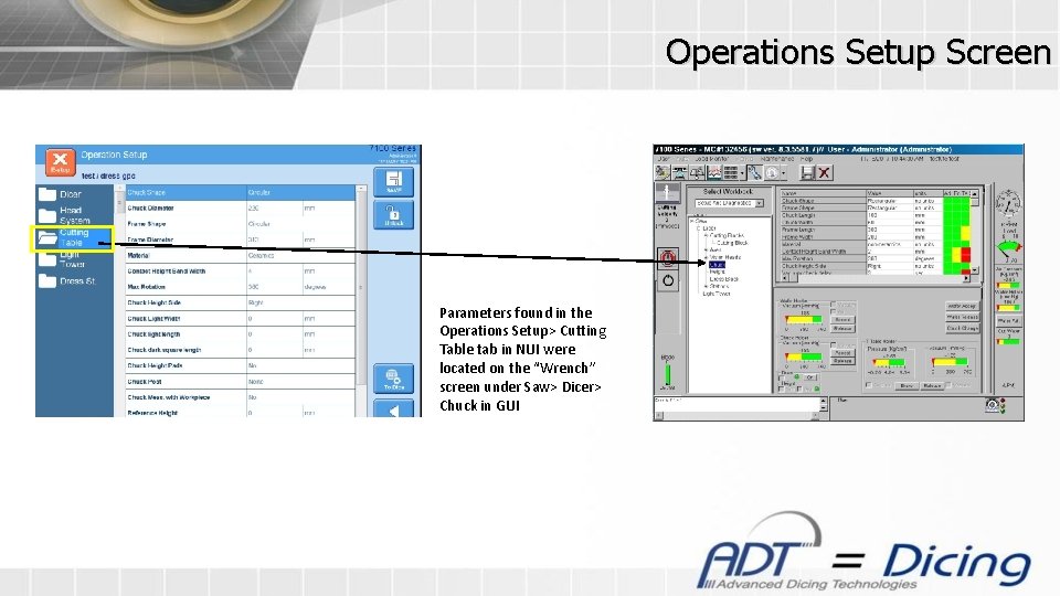 Operations Setup Screen Parameters found in the Operations Setup> Cutting Table tab in NUI