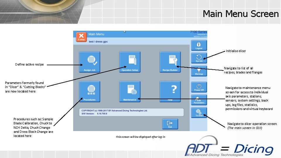 Main Menu Screen Initialize dicer Define active recipe Navigate to list of all recipes,