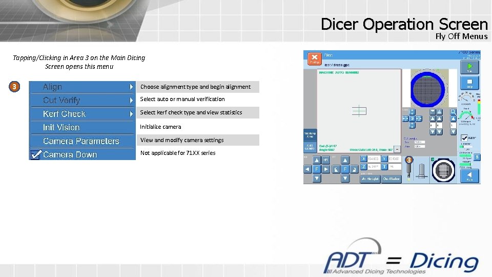 Dicer Operation Screen Fly Off Menus Tapping/Clicking in Area 3 on the Main Dicing