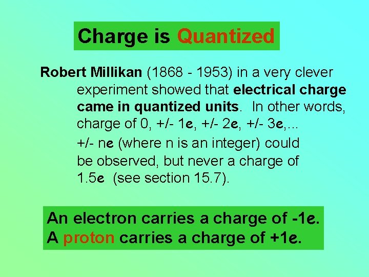 Charge is Quantized Robert Millikan (1868 - 1953) in a very clever experiment showed