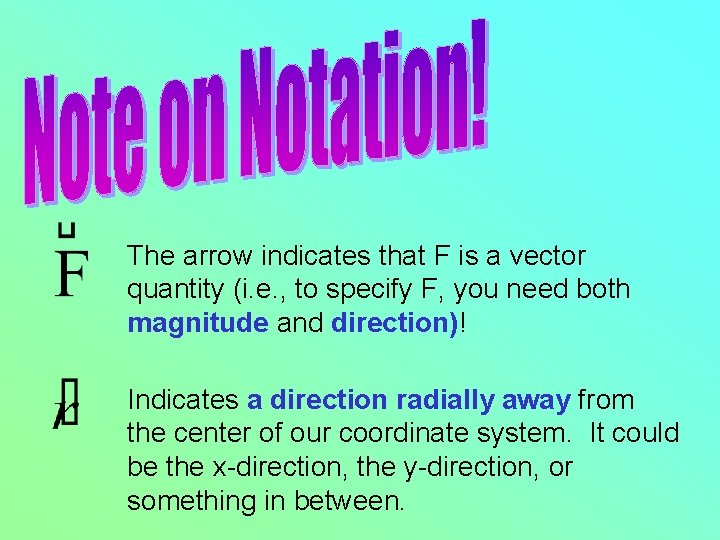 The arrow indicates that F is a vector quantity (i. e. , to specify