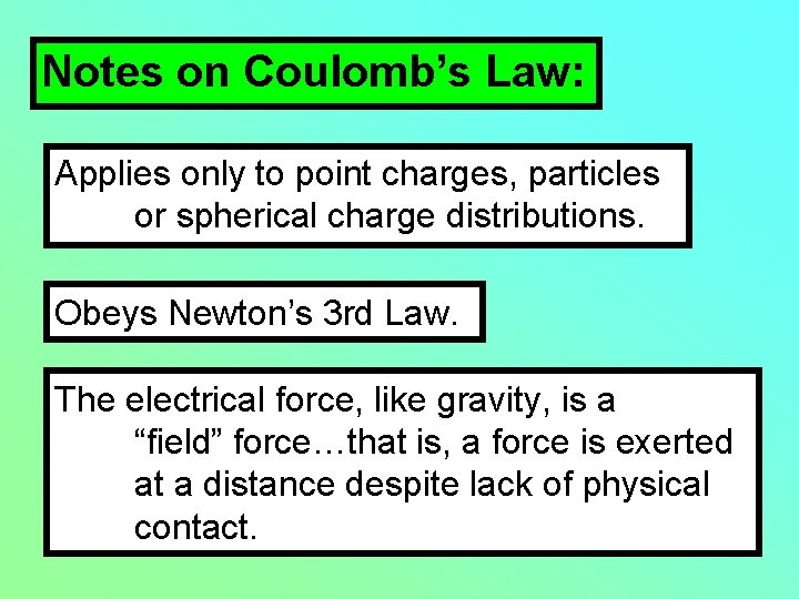 Notes on Coulomb’s Law: Applies only to point charges, particles or spherical charge distributions.