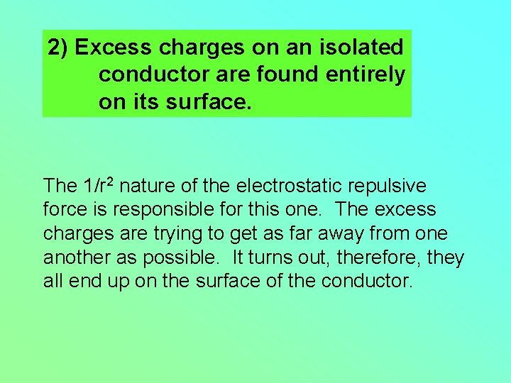 2) Excess charges on an isolated conductor are found entirely on its surface. The