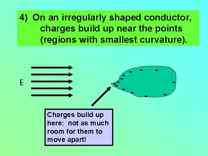 4) On an irregularly shaped conductor, charges build up near the points (regions with