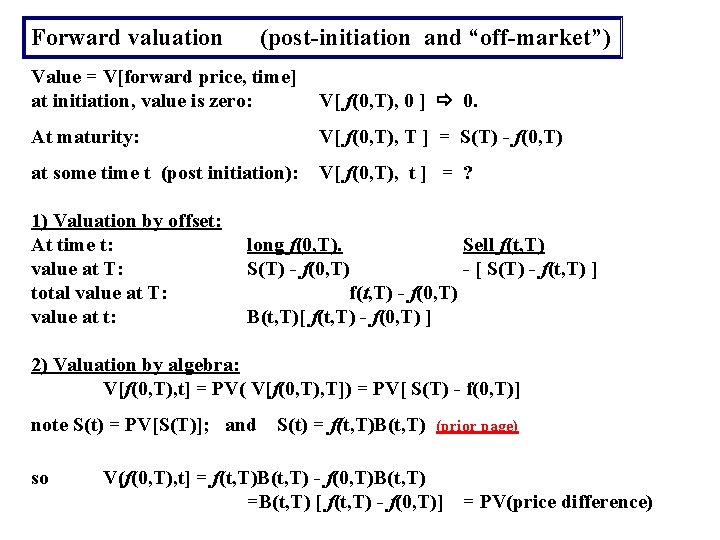 Forward valuation (post-initiation and “off-market”) Value = V[forward price, time] at initiation, value is