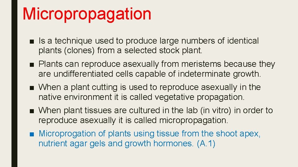 Micropropagation ■ Is a technique used to produce large numbers of identical plants (clones)