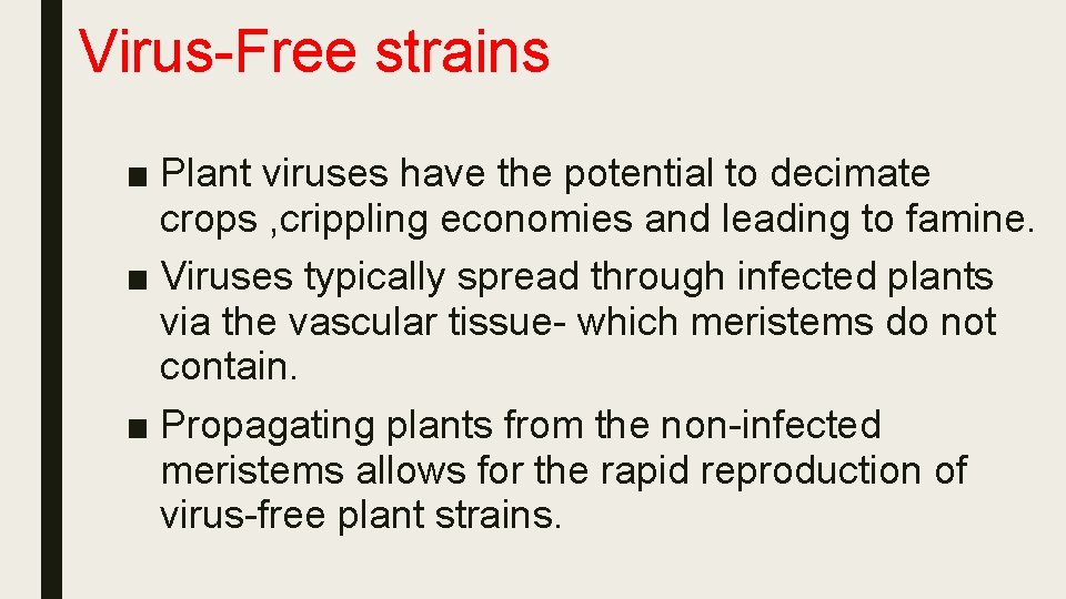 Virus-Free strains ■ Plant viruses have the potential to decimate crops , crippling economies