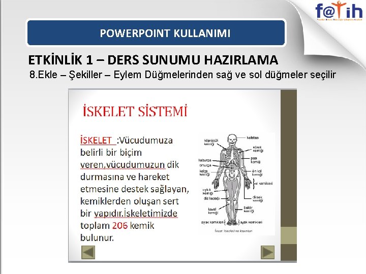 POWERPOINT KULLANIMI ETKİNLİK 1 – DERS SUNUMU HAZIRLAMA 8. Ekle – Şekiller – Eylem