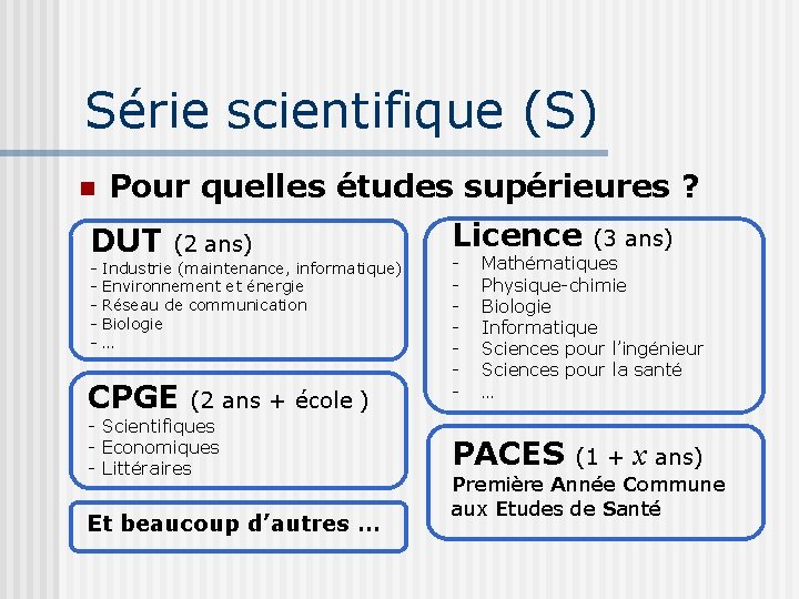 Série scientifique (S) Pour quelles études supérieures ? DUT - (2 ans) Industrie (maintenance,