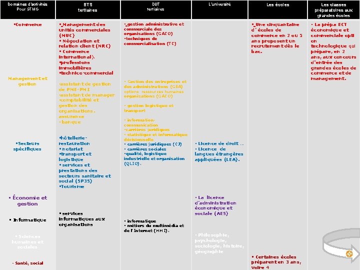 Domaines d’activités Pour STMG §Commerce Management et gestion §Secteurs spécifiques DUT tertiaires BTS tertiaires