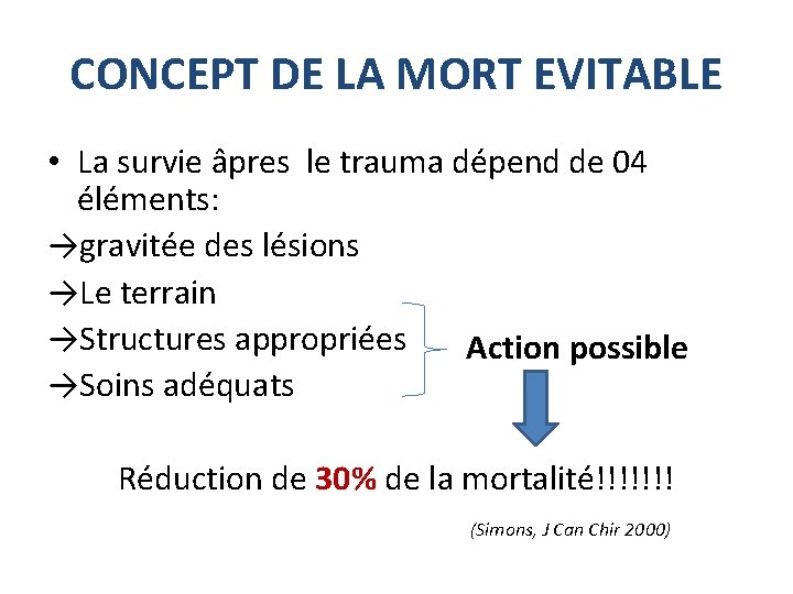 CONCEPT DE LA MORT EVITABLE • La survie âpres le trauma dépend de 04