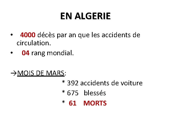 EN ALGERIE • 4000 décès par an que les accidents de circulation. • 04