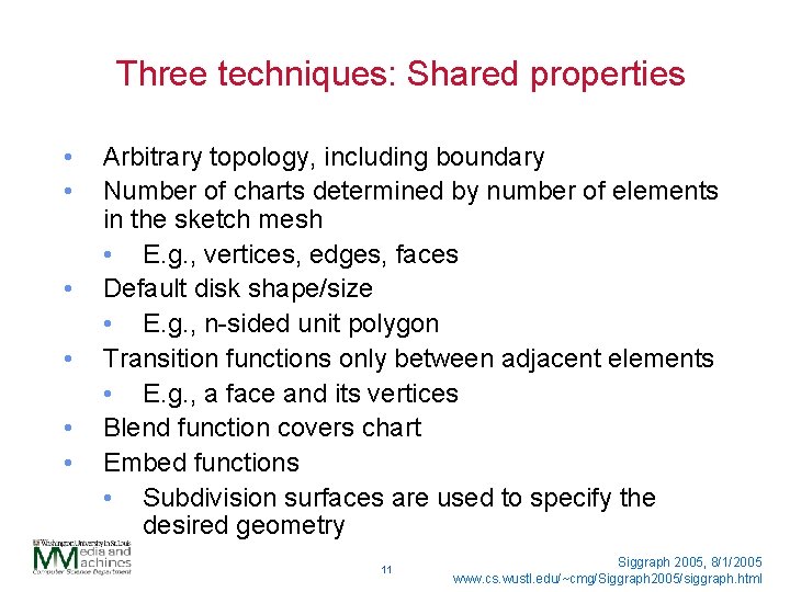 Three techniques: Shared properties • • • Arbitrary topology, including boundary Number of charts
