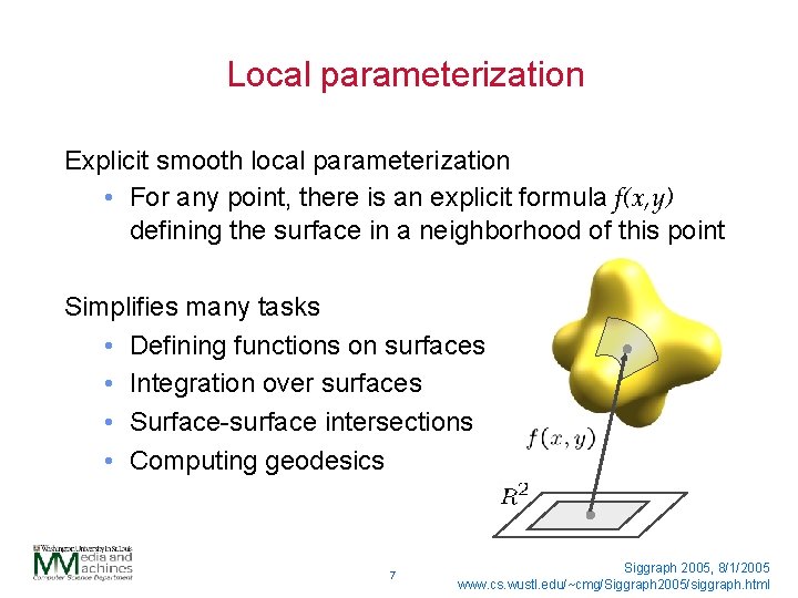 Local parameterization Explicit smooth local parameterization • For any point, there is an explicit