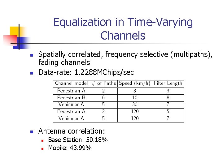 Equalization in Time-Varying Channels n Spatially correlated, frequency selective (multipaths), fading channels Data-rate: 1.