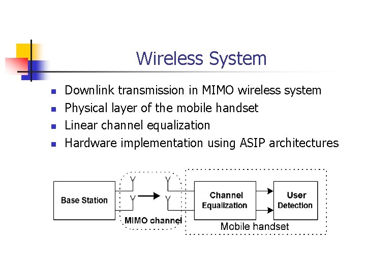 Wireless System n n Downlink transmission in MIMO wireless system Physical layer of the