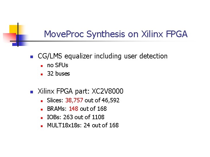 Move. Proc Synthesis on Xilinx FPGA n CG/LMS equalizer including user detection n no