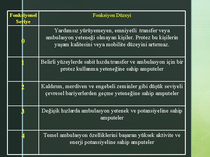 Fonksiyonel Seviye 0 Fonksiyon Düzeyi Yardımsız yürüyemeyen, emniyetli transfer veya ambulasyon yeteneği olmayan kişiler.