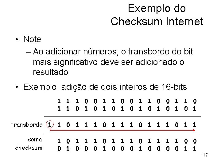 Exemplo do Checksum Internet • Note – Ao adicionar números, o transbordo do bit