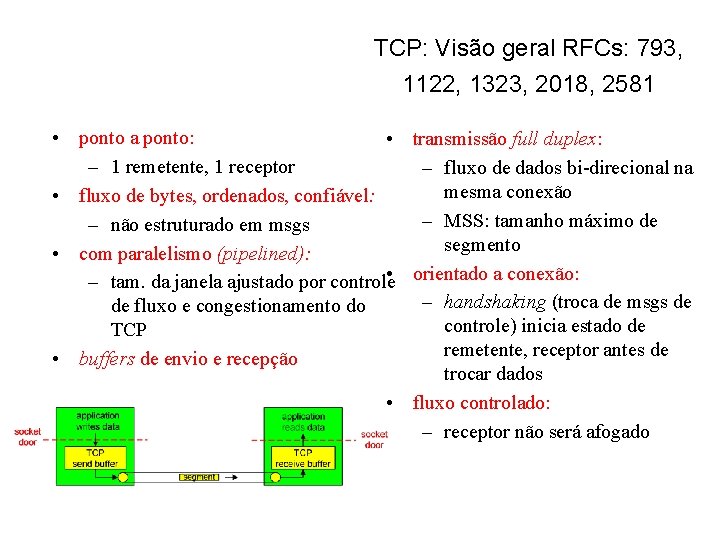 TCP: Visão geral RFCs: 793, 1122, 1323, 2018, 2581 • ponto a ponto: •