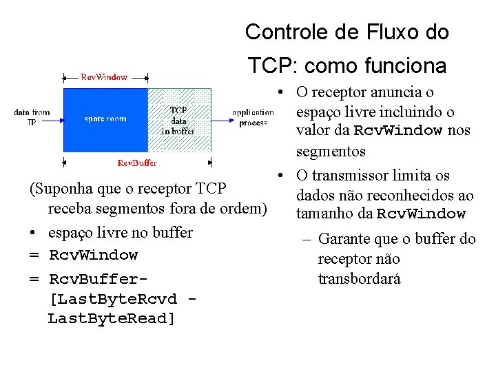 Controle de Fluxo do TCP: como funciona • O receptor anuncia o espaço livre