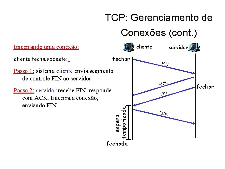 TCP: Gerenciamento de Conexões (cont. ) cliente Encerrando uma conexão: fechar cliente fecha soquete: