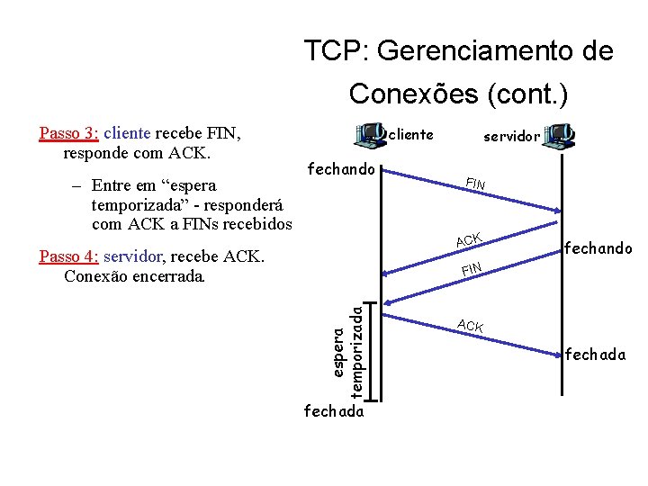 TCP: Gerenciamento de Conexões (cont. ) Passo 3: cliente recebe FIN, responde com ACK.