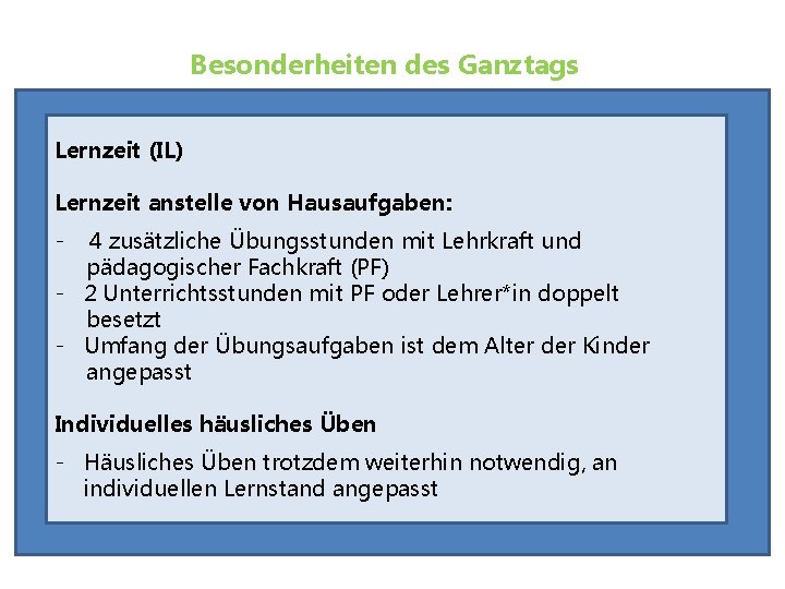 Besonderheiten des Ganztags Lernzeit (IL) Lernzeit anstelle von Hausaufgaben: - 4 zusätzliche Übungsstunden mit