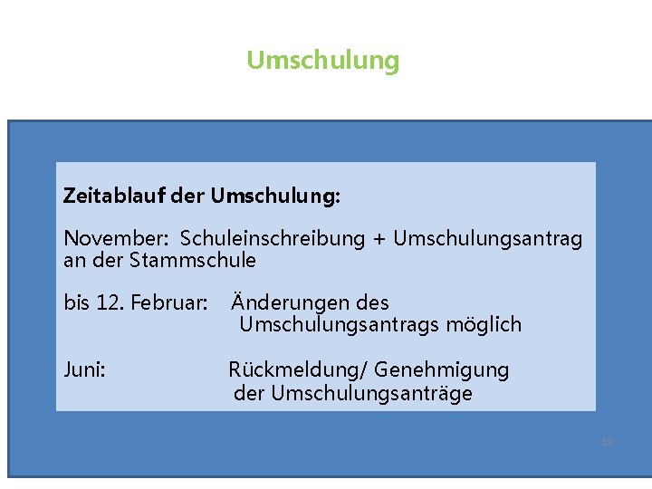 Umschulung Zeitablauf der Umschulung: November: Schuleinschreibung + Umschulungsantrag an der Stammschule bis 12. Februar:
