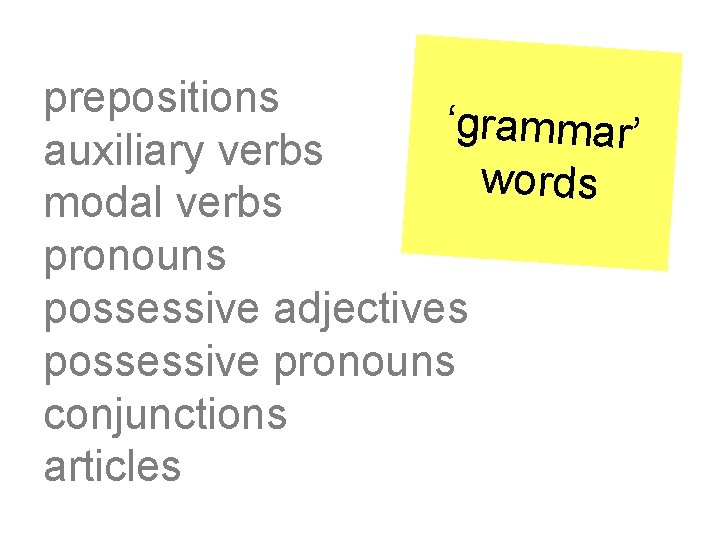 prepositions ‘grammar’ auxiliary verbs words modal verbs pronouns possessive adjectives possessive pronouns conjunctions articles