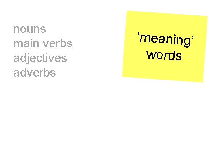 nouns main verbs adjectives adverbs ‘meaning’ words 