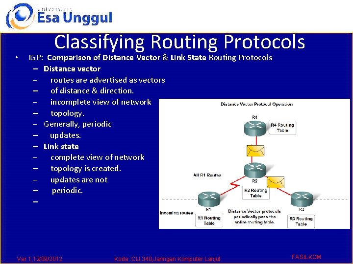  • Classifying Routing Protocols IGP: Comparison of Distance Vector & Link State Routing