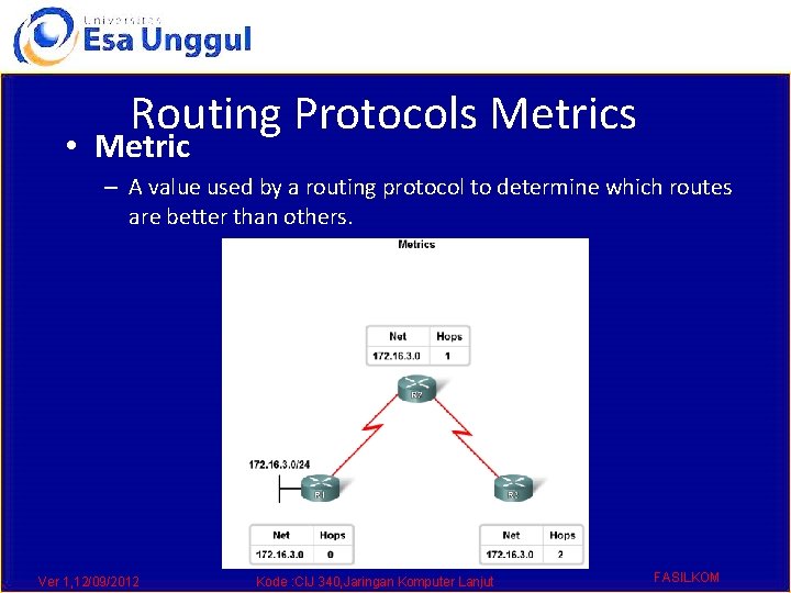 Routing Protocols Metrics • Metric – A value used by a routing protocol to