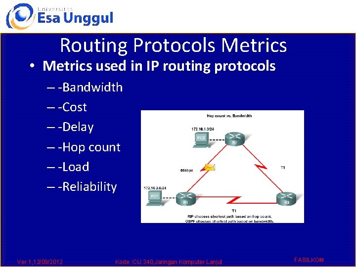 Routing Protocols Metrics • Metrics used in IP routing protocols – -Bandwidth – -Cost