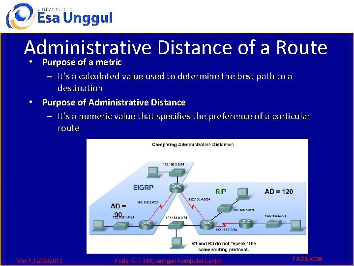 Administrative Distance of a Route • Purpose of a metric – It’s a calculated