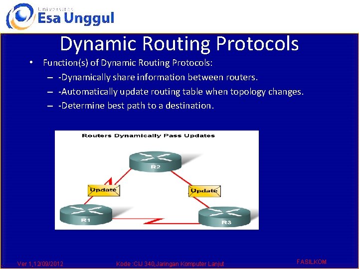 Dynamic Routing Protocols • Function(s) of Dynamic Routing Protocols: – -Dynamically share information between