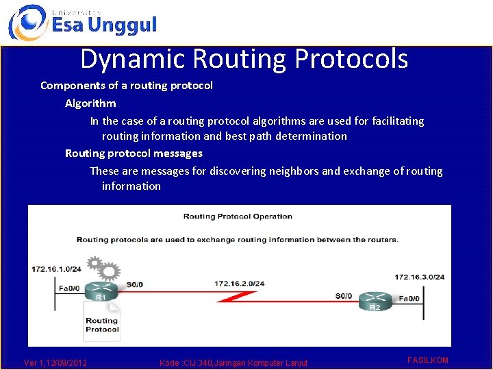 Dynamic Routing Protocols Components of a routing protocol Algorithm In the case of a