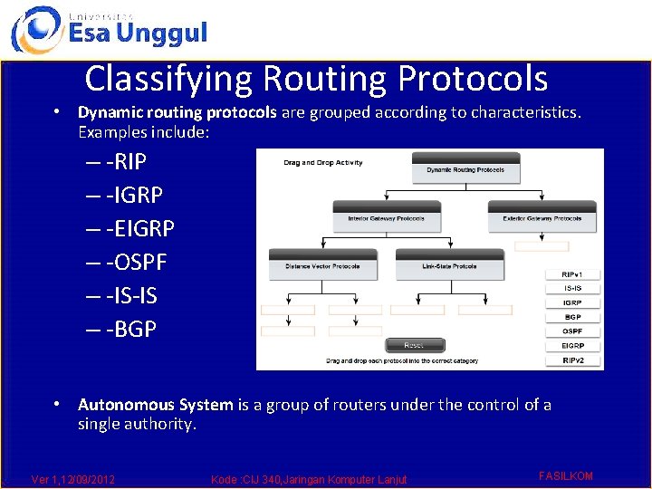 Classifying Routing Protocols • Dynamic routing protocols are grouped according to characteristics. Examples include: