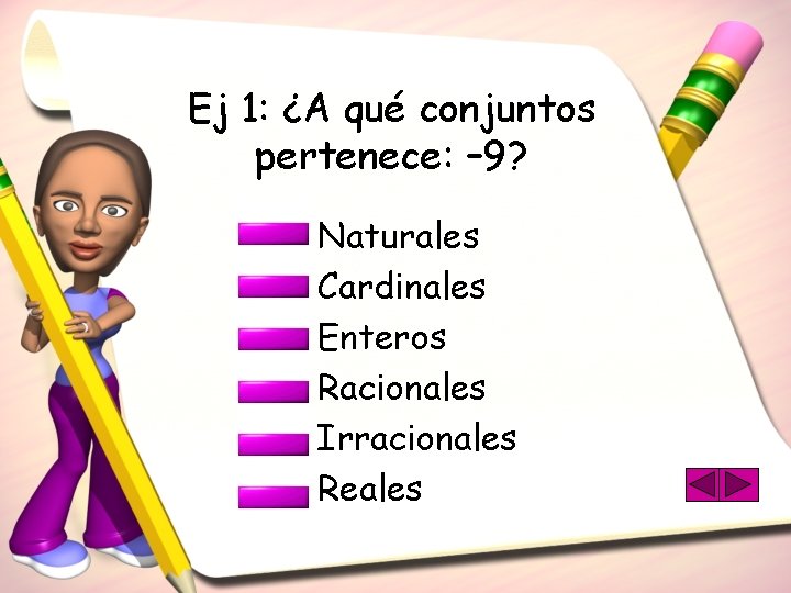 Ej 1: ¿A qué conjuntos pertenece: – 9? Naturales Cardinales Enteros Racionales Irracionales Reales