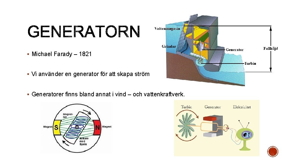 § Michael Farady – 1821 § Vi använder en generator för att skapa ström