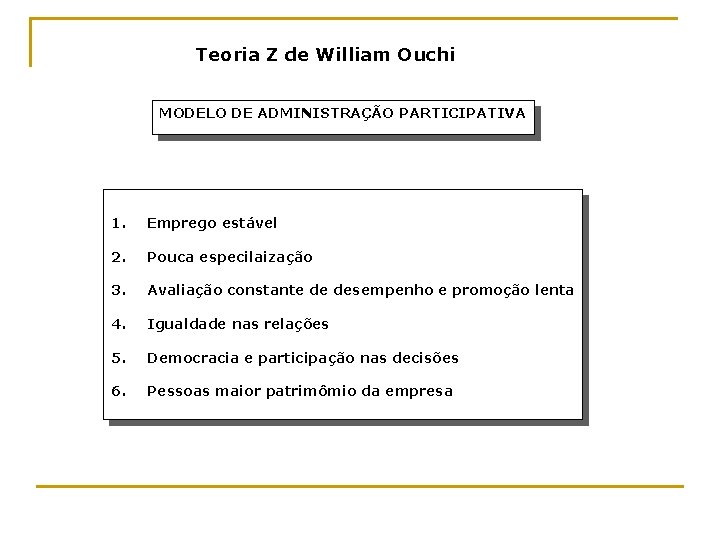 Teoria Z de William Ouchi MODELO DE ADMINISTRAÇÃO PARTICIPATIVA 1. Emprego estável 2. Pouca