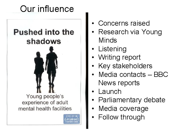 Our influence • Concerns raised • Research via Young Minds • Listening • Writing