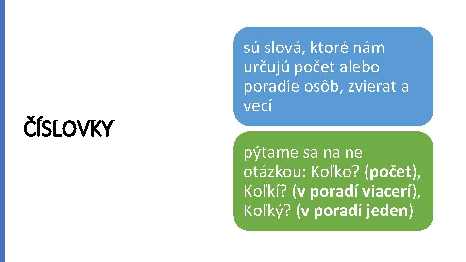 ČÍSLOVKY sú slová, ktoré nám určujú počet alebo poradie osôb, zvierat a vecí pýtame