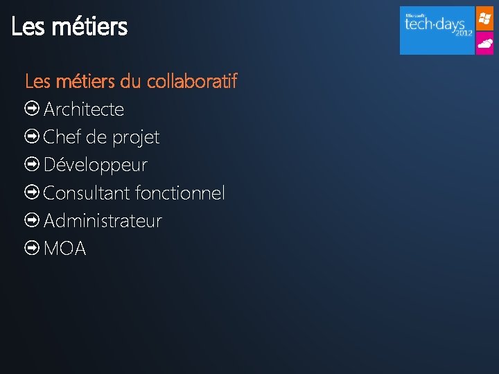 Les métiers du collaboratif Architecte Chef de projet Développeur Consultant fonctionnel Administrateur MOA 