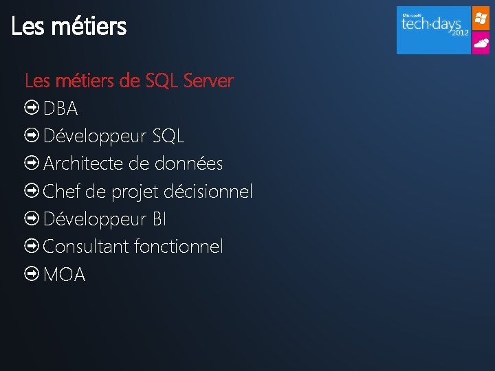 Les métiers de SQL Server DBA Développeur SQL Architecte de données Chef de projet