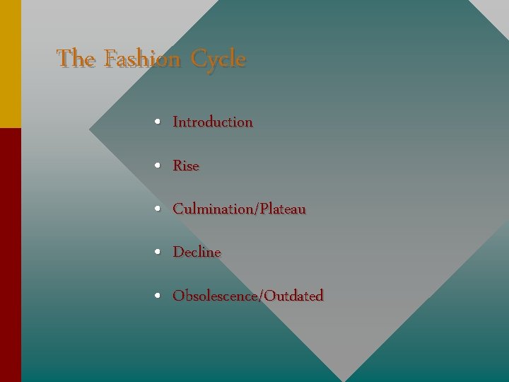 The Fashion Cycle • Introduction • Rise • Culmination/Plateau • Decline • Obsolescence/Outdated 