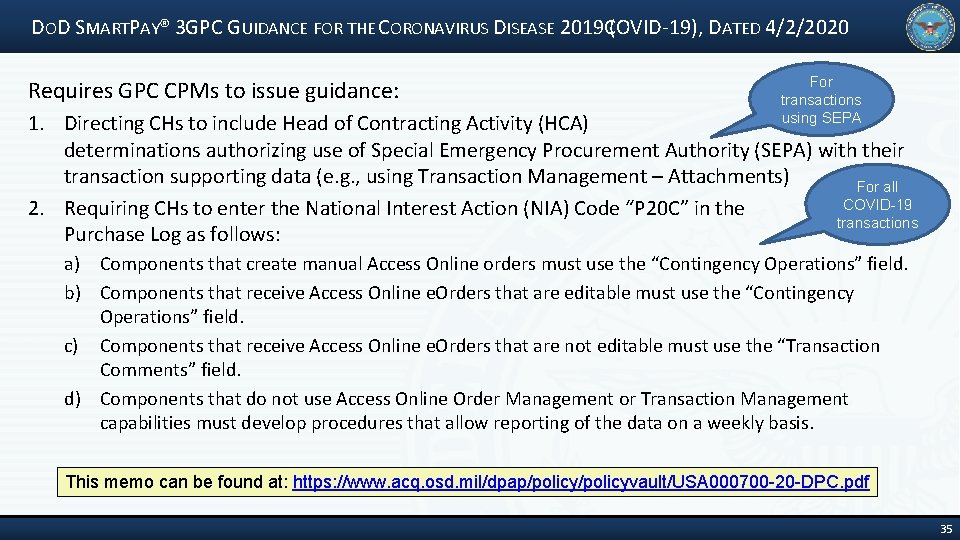 DOD SMARTPAY® 3 GPC GUIDANCE FOR THE CORONAVIRUS DISEASE 2019 COVID‐ 19), ( DATED