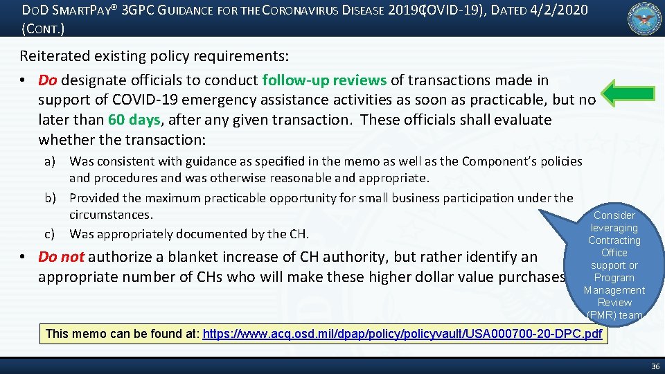 DOD SMARTPAY® 3 GPC GUIDANCE FOR THE CORONAVIRUS DISEASE 2019 COVID‐ 19), ( DATED