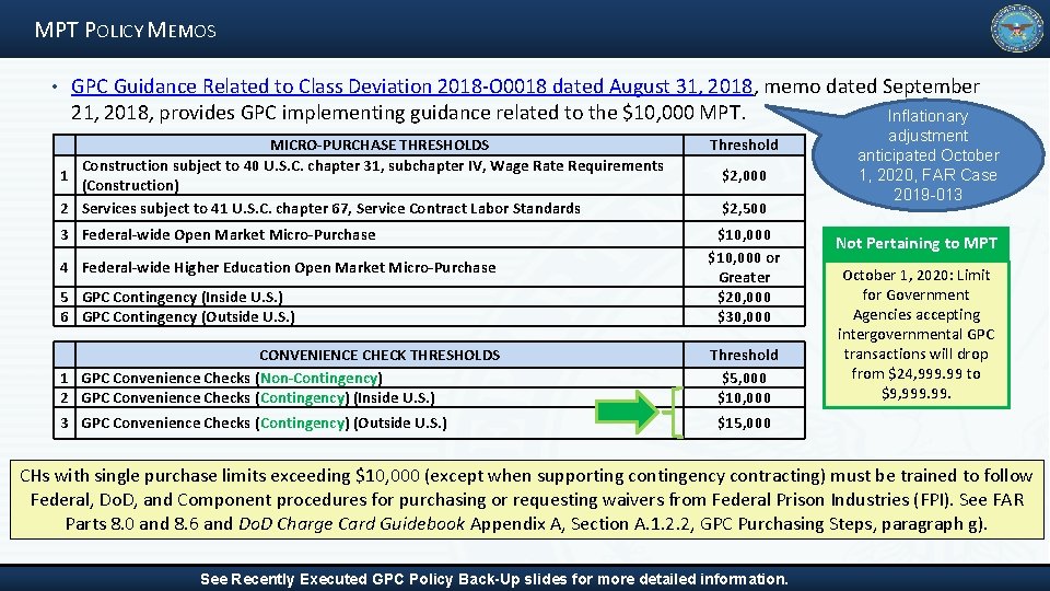 MPT POLICY MEMOS • GPC Guidance Related to Class Deviation 2018‐O 0018 dated August