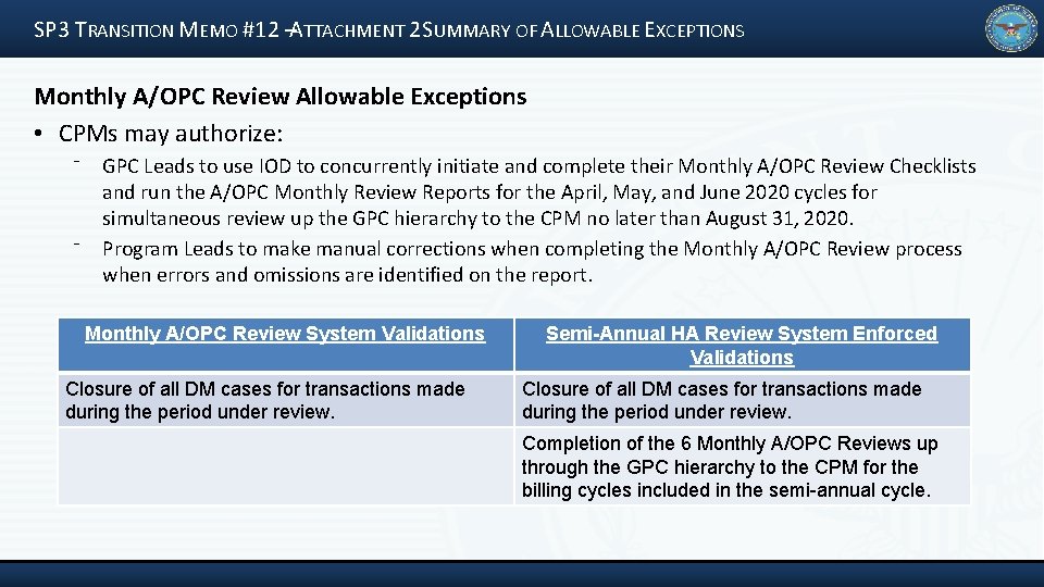 SP 3 TRANSITION MEMO #12 –ATTACHMENT 2 SUMMARY OF ALLOWABLE EXCEPTIONS Monthly A/OPC Review